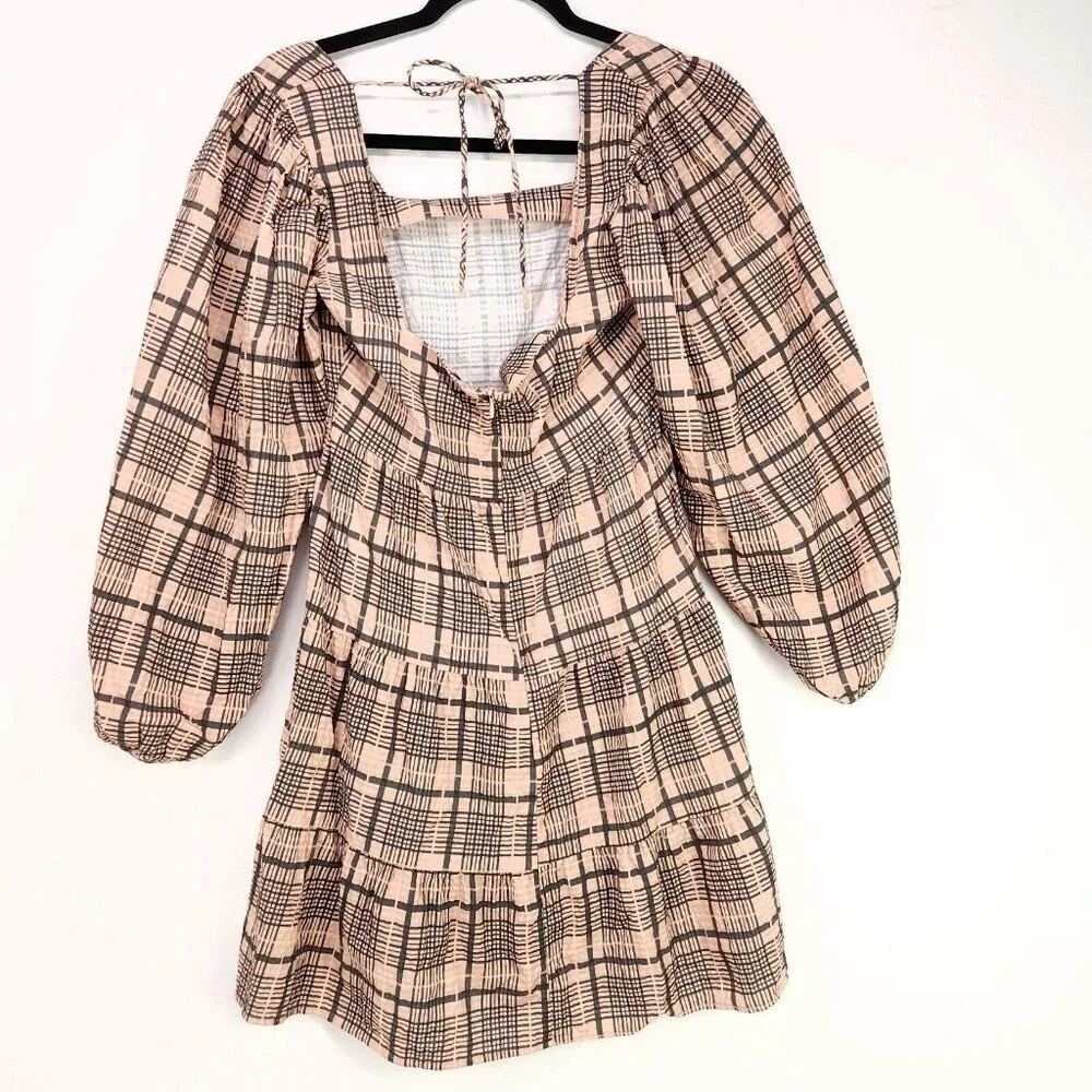 Topshop Babydoll Mini Dress Balloon Long Sleeve Size 4 Boho Gingham Brown - Picture 3 of 15